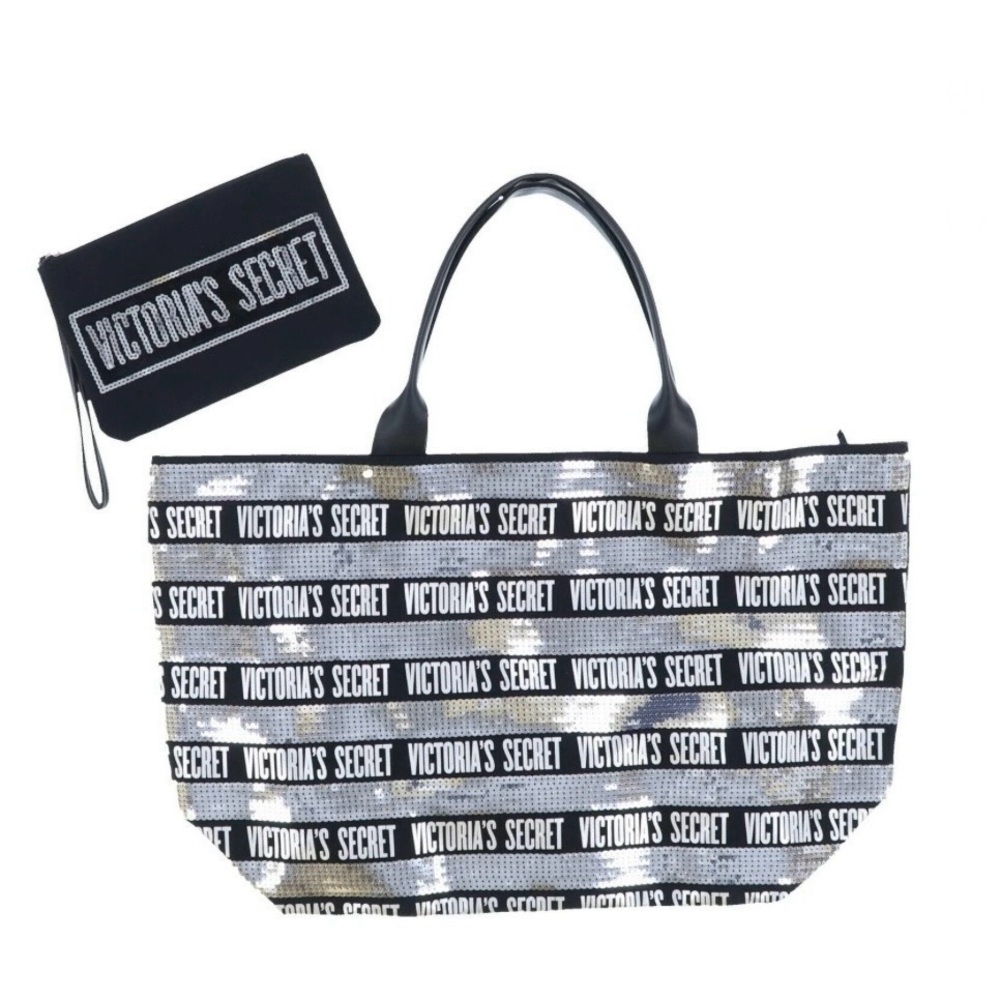 New Victoria Secret Silver Sequenced Large Black Tote With Mini Make Up Bag